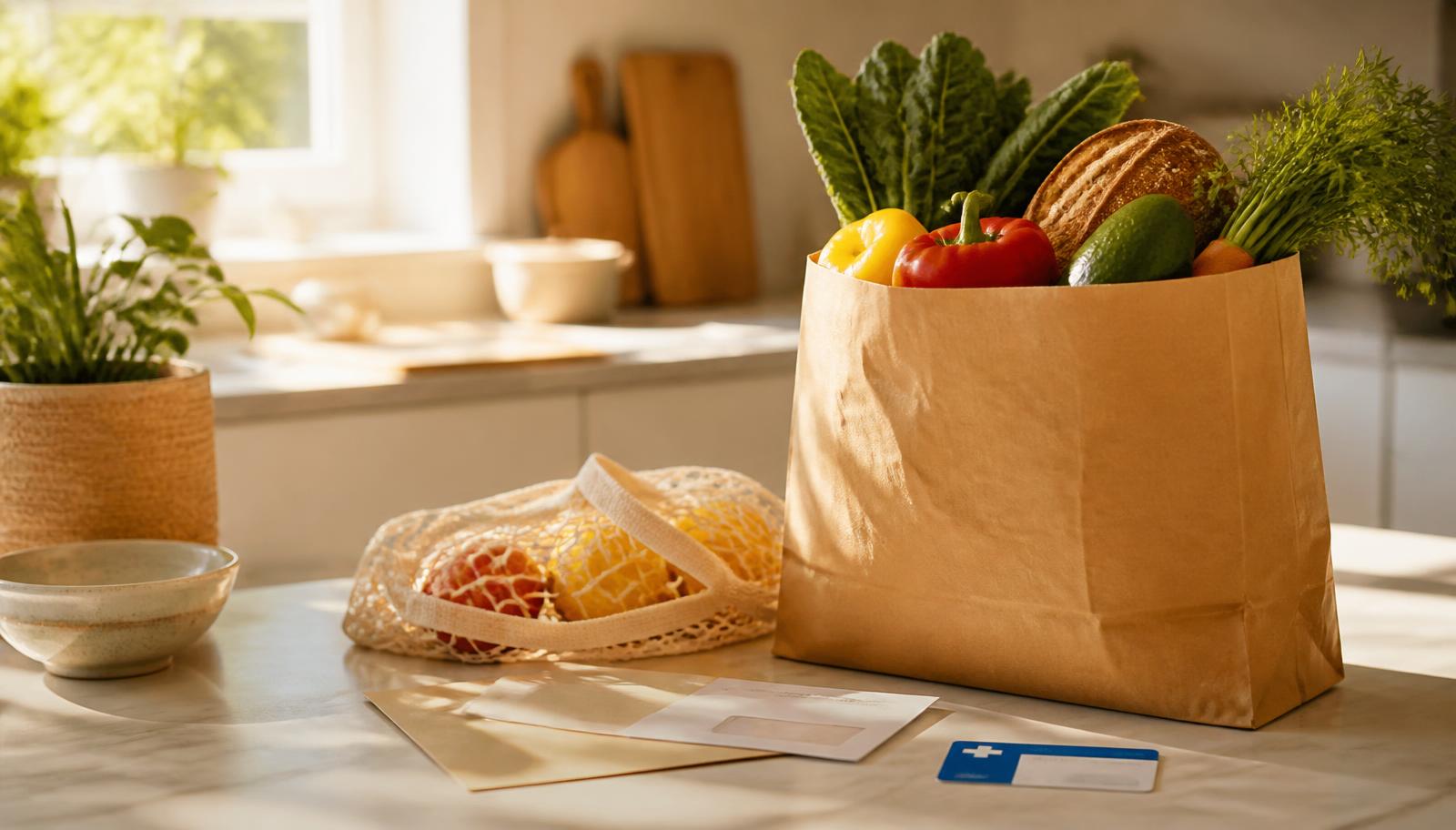 Groceries, a utility bill and a health plan card on a kitchen counter, illustrating Medicare Advantage food and utility benefits